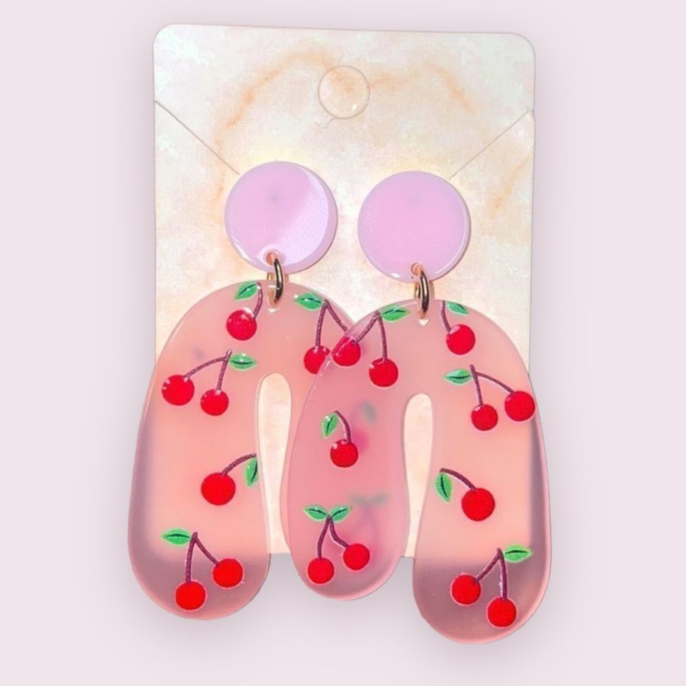 🍒 Pink Cherry Acrylic Statement Post Earrings
